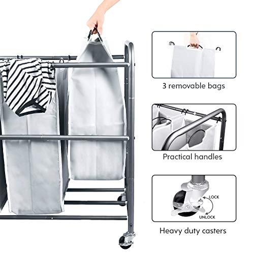 ROMOON Laundry Sorter, 4 Compartment Laundry Hamper with Heavy Duty Rolling Lockable Wheels, Laundry Basket Organizer with Removable Bags for Dirty Clothes Storage, Black