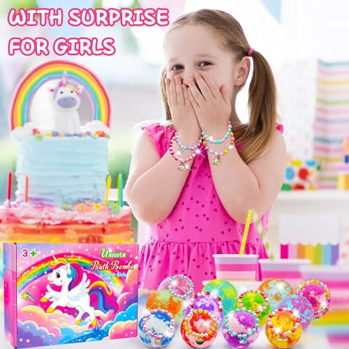 Unicorn Bath Bombs for Girls Kids with Toys Surprise Jewelry Inside Gift for Girls 3 4 5 6 7 8 Years Old Birthday Gifts Ideas Easter Gifts for Girls Easter Basket Stuffers Egg Fillers Christmas Gifts