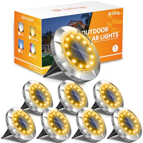 Biling Solar Ground Lights, (12 LEDs /8 Pack) Outdoor Waterproof Solar Garden Lights for Pathway Outdoor in-Ground Lawn Yard Deck Patio Walkway - Warm White