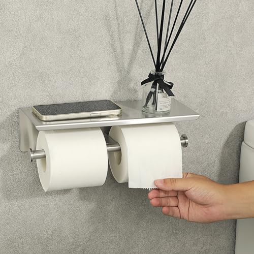 Alise Double Toilet Paper Holder,Bathroom Tissue Holder with Shelf,SUS304 Stainless Steel Toilet Paper Roll Holder Storage Dispenser,Self Adhesive or Wall Mount Drilling,Matte Black,GYT880-B