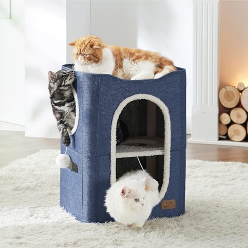Bedsure 2-Level Cat House for Indoor Cats - Small Cat Towers with Scratch Pad and Hideaway Condo, Cat Cave Bed Furniture for Multi Pets and Large Cats, 18x14x23 inches, Blue