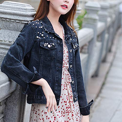 Ainangua Cropped Jean Jacket Women's Pearl Oversized Distressed Short Bridal Embroidered Beading Denim Jacket (Black, XS)