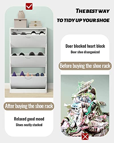 HOPUBUY Shoe Cabinet for Entryway, Narrow Shoe Storage Cabinet, Hidden Rattan Shoe Cabinet Wood 3 Tier Slim Shoe Rack for Home and Apartment, Nature