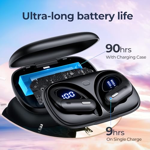 OFNEX Wireless Earbuds Bluetooth 5.3 Headphones 90 Hrs Playtime Earbuds with Wireless Charging Case Over-Ear Sports Earphones Waterproof Deep Bass Headset, Black