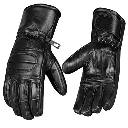 Men’s Winter Gauntlet Motorcycle Gloves, 100% Natural Sheep Leather, Thinsulate Thermal Heated Lining, Full Windproof Cold Weather Water Resistant, Reinforced Warm Biker Driving Glove Black S