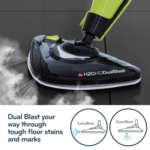 H2O HD Dual Buff Steam Mop, 8 in 1 Handheld Steam Cleaner For Kitchen Tile Floors, Hardwood Floors, Grout Cleaner, Upholstery Cleaner and Carpets, 2 washable scrub pads, 8 cleaning accessories