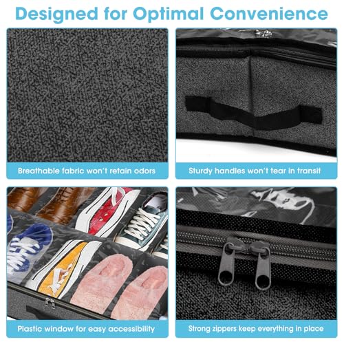 2 Pack Under Bed Shoe Storage Organizer for Closet, Fits Total 24 Pairs Foldable Underbed Shoes Containers Boxes Under the Bed Storage Bedding with Sturdy Handles&Clear Window for College Dorms, Grey