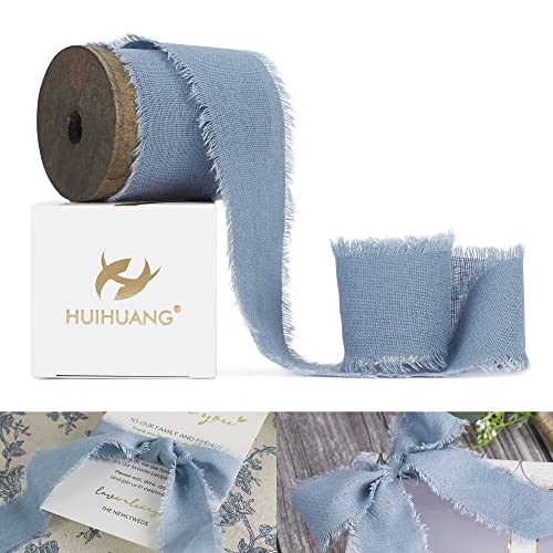 HUIHUANG Dusty Blue Cotton Linen Ribbon 1.5 Inch Handmande Rustic Frayed Edge Ribbon on Wooden Spool Fringe Fabric Ribbon for Wedding Bridal Bouquet, Invitation Tie, Baby Shower, Gift Wrap - 5 Yards