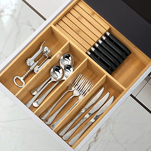 VaeFae Bamboo Silverware Organizer, Utensil Holder for Drawer, Wooden Cutlery Tray with Divider for Kitchen Drawer, Utensil Organizer with Knife Block（Black）