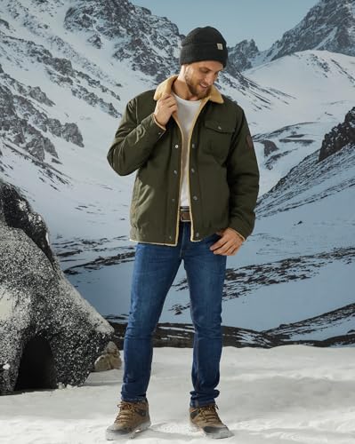 KEFITEVD Winter Jackets for Men Fleece Lined Windbreaker with Warm Collar Windproof Trucker Jacket Army Green S