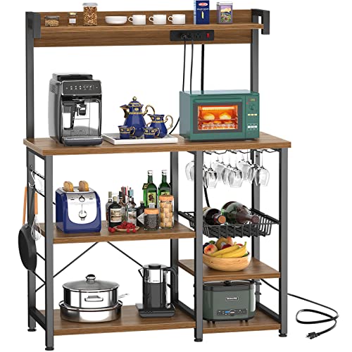 Topfurny Bakers Rack with Power Outlet, Microwave Stand, Kitchen Storage Shelf with Wire Basket, Coffee Bar Station with Wine Glass Holder, Kitchen Rack for Spices, Pots, and Pans, Rustic Brown
