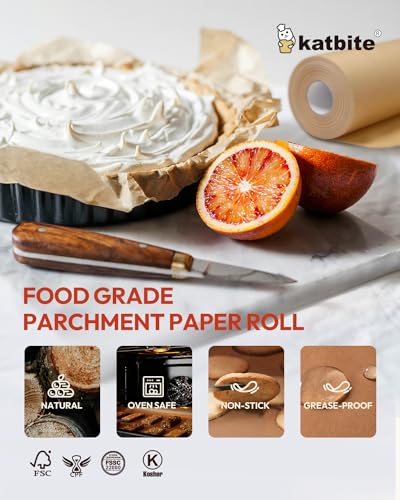 Katbite Unbleached Parchment Paper Roll, 15in x 242ft, 300 Sq.Ft, Non-Stick with Serrated Cutter for Baking, Cooking, Air Fryer