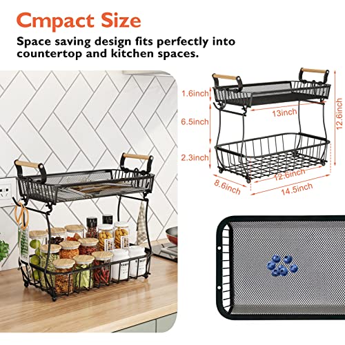 ANTOPY 2 Tier Fruit Basket with 2 Banana Hangers, Countertop Fruit Vegetable Basket Bowl for Kitchen Counter Metal Mesh Basket Fruits Stand Produce Holder Organizer for Onion Potato Bread Snack Veggie