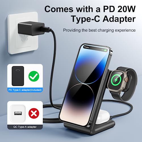 Houflody 3 in 1 Magnetic Wireless Charging Station, Wireless Charger for Mag Safe with PD 20W Adapter Designed for iPhone 16/15/14/13/12 Series, Apple Watch Ultra/SE/10 to 2, AirPods 4/3/2/pro, White