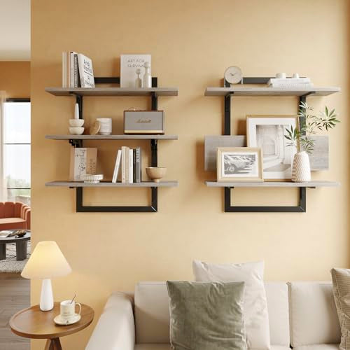 Bestier Floating Shelves for Wall, 24 inch Kitchen Shelves Wall Mounted, 3 Tier Coffee Bar Shelf with Foldable Brackets, Industrial Display Shelf for Bathroom, Living Room, Retro Grey