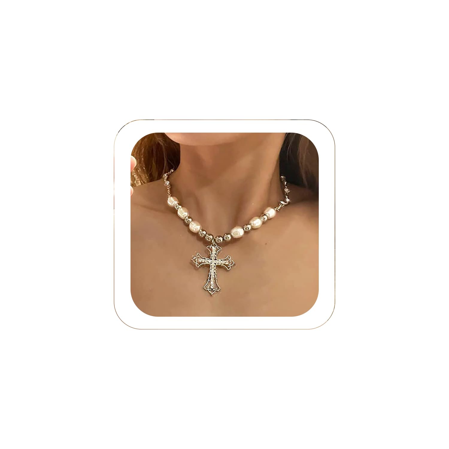 YRlilicc Vintage Gothic Shiny Rhinestone Cross Long Pendant Necklace Punk Pearl Beaded Choker Necklace Dainty Jewelry for Women