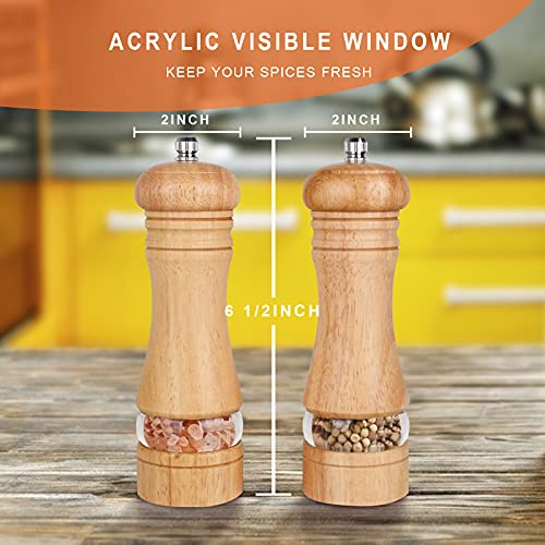 Haomacro Wood Salt and Pepper Grinder Set, Manual Mills with Acrylic Window, Adjustable Ceramic Grinding - 6.5inch, 2 Pack