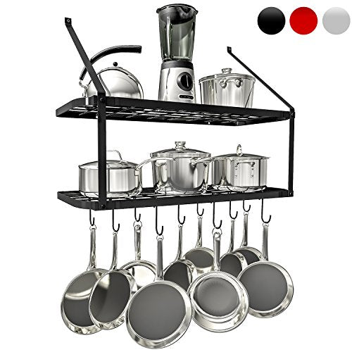 Vdomus Hanging Pot Rack - Rustproof Wall Mounted Pot Rack Pan Hanger for Kitchen Storage & Organization - Durable, Thick Iron Material - Easy Setup 2-Tier Pot Shelf Wall Mount Pot Holder - Black