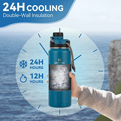 Insulated Water Bottles 24 oz, Santeco Stainless Steel Bottle with Lanyard & Wide Mouth Spout Lid, Leak Proof, Double Wall Vacuum Water Bottle, Keep Drinks Hot & Cold for Hiking Camping