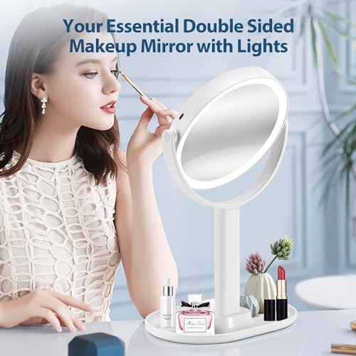 MIYADIVA Rechargeable 20X Magnifying Mirror with Light, Lighted Makeup Mirror with 20X/1X Magnification, 3 Colors Light and Adjustable Brightness, Double Sided Vanity Mirror with Light for Bedroom