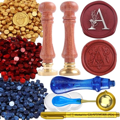 Letter R Wax Seal Stamp Kit, ONWINPOR 2PCS Eucalyptus Leaves Alphabet R Wax Sealing Stamp Set with 2Pcs Crystal Wooden Handle and 300Pcs Red Blue Gold Wax Sealing Beads, Wax Spoon and Candles (R)