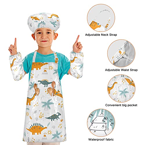 Kids Apron Chef Hat Set for Girls Cute Boys Dinosaur Pattern Waterproof with Pockets Painting Cooking 3-6