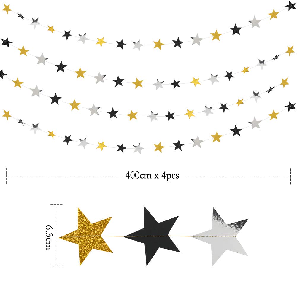 Decor365 Gold Black Star Garland Hanging Star Party DecorationsTwinkle Little Star Starry Night Galaxy Theme Graduation Birthday Bridal Shower Bachelorette NYE New Year’s Eve Party Backdrop Décor