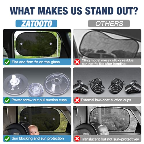 ZATOOTO Car Window Shades for Baby 4 Pack, Car Side Window Sun Shade Sun Blocker with Enhanced Suction Cups Protect Kids and Pets from Sun Glare and Heat