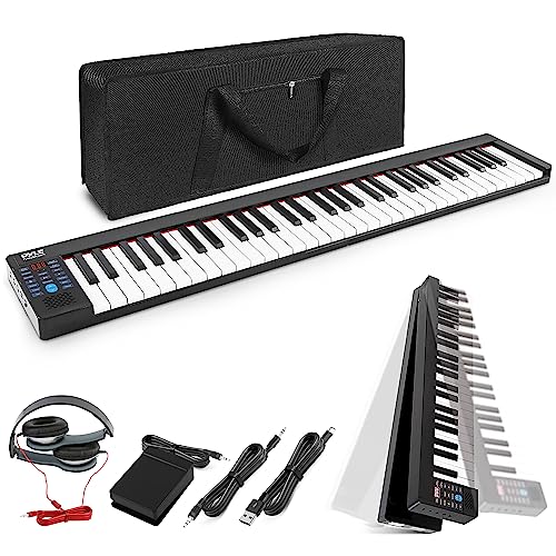 Pyle, Electric Musical Keyboard 61 Keys, Foldable Portable Electronic Standard Piano with Bluetooth, 129 Tones, 128 Audio Rhythms, includes Sustain Pedal, Gig Bag, Headphones, Book Holder (PKBRD6100)