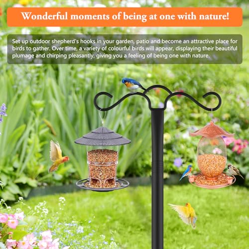 Double Shepherds Hook for Outdoor with 5 Prong Base 110 Inch Heavy Duty Two Sided Bird Feeder Pole for Hanging Lantern,Hummingbird Feeder,Lightweight Plant,Shepherds Hook for Bird Feeders for Outside