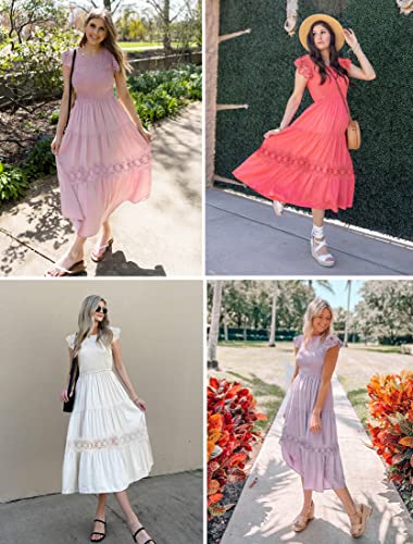 ZESICA Women's 2024 Casual Crew Neck Flutter Sleeve Smocked High Waist Hollow Out Lace Trim Tiered A Line Midi Dress,Sage,Large