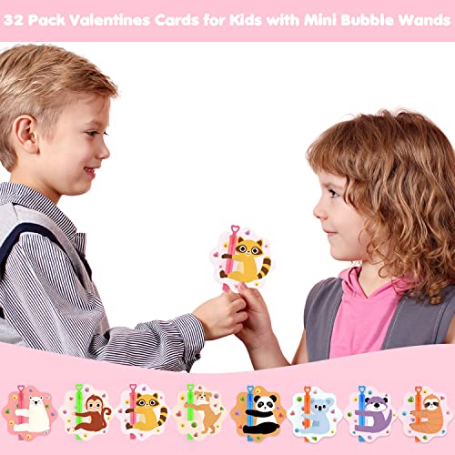 SURCVIO Valentines Day Gifts for Kids, 32 Pack Mini Bubble Wands with Valentines Animal Themes Greeting Cards for Kids, Valentine's Day School Prize Party Favor, Classroom Exchange Gift Set