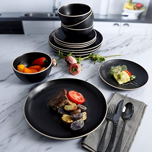 Gibson Home Rockaway Round Stoneware Dinnerware Sets, Service for 4 (12pcs), Black