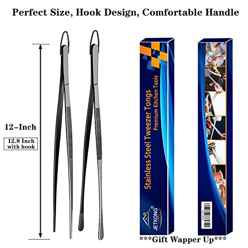 JETKONG 2 Pcs 12-Inch Food Tweezer Tongs, Stainless Steel Kitchen Tweezer Cooking Tweezers (Black)