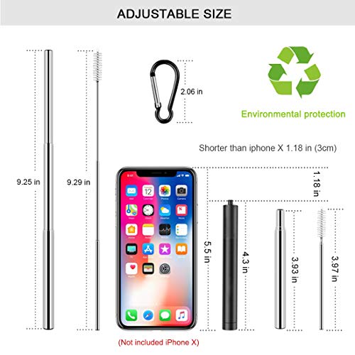 2 Pack Reusable Metal Straws Collapsible Stainless Steel Drinking Straw Travel Portable Telescopic Straw with Case,2 Cleaning Brushes Included Black/Blue