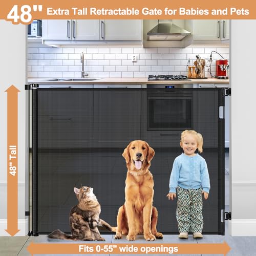48" Extra Tall Retractable Baby Gates 55" Wide Retractable Dog Gate Tall Retractable Gate Extra Tall Baby Gate for Doorway Extra Tall Dog Gate for The House Extra Tall Pet Gate for Dogs Tall Mesh Gate