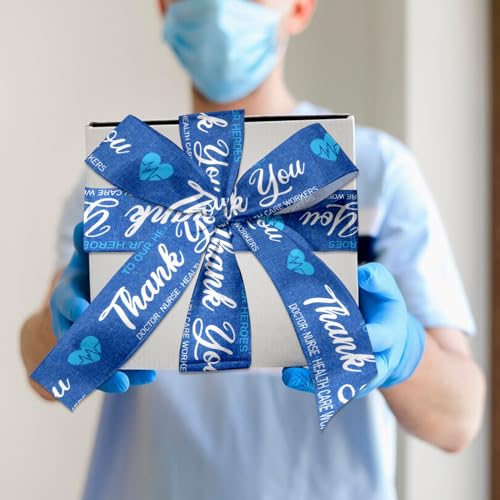 Threetols Healthcare Heroes Wired Edge Ribbons 2.5" 10 Yards, Blue Wired Edge Decor Wrapping Ribbon Thank You Doctor Nurse Burlap Fabric Craft Ribbon for Hospital Party DIY Craft Wreath Bow Decor