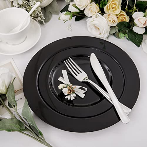 FLOWERCAT 60PCS Black Plastic Plates - Heavy Duty Black Disposable Plates for Party/Wedding - Include 30PCS 10.25inch Black Dinner Plates and 30PCS 7.5inch Black Dessert/Salad Plates