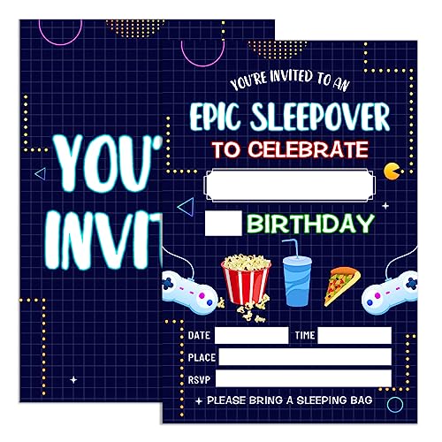 UDNADKEX Sleepover Birthday Invitations Girl with Envelopes, Invites for Girls Birthday Party Neon Moon Stars, Slumber Pajama Birthday Party Invitations Cards, 4"x6" Set of 20, Sleepover Party