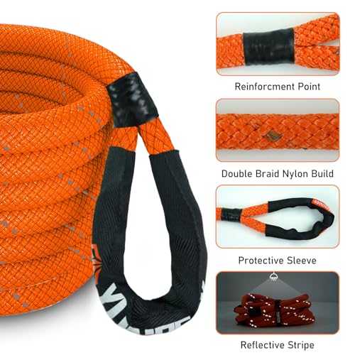 YUNPEAK Kinetic Recovery Rope (1in x 30ft - 48,500Lbs) Extreme Duty 35% Elasticity Energy Snatch Rope, Off Road Recovery Kit Kinetic Tow Rope for UTV, ATV, SUV,Trucks (Orange)