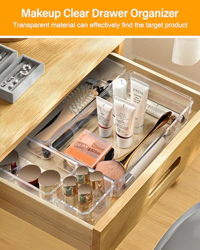 LUSCREAL 25 PCS Plastic Drawer Storage, 4 Sizes Clear Drawer Organizers, Versatile Drawer Dividers for Bathroom, Vanity, Makeup, Utensil, Kitchen and Office