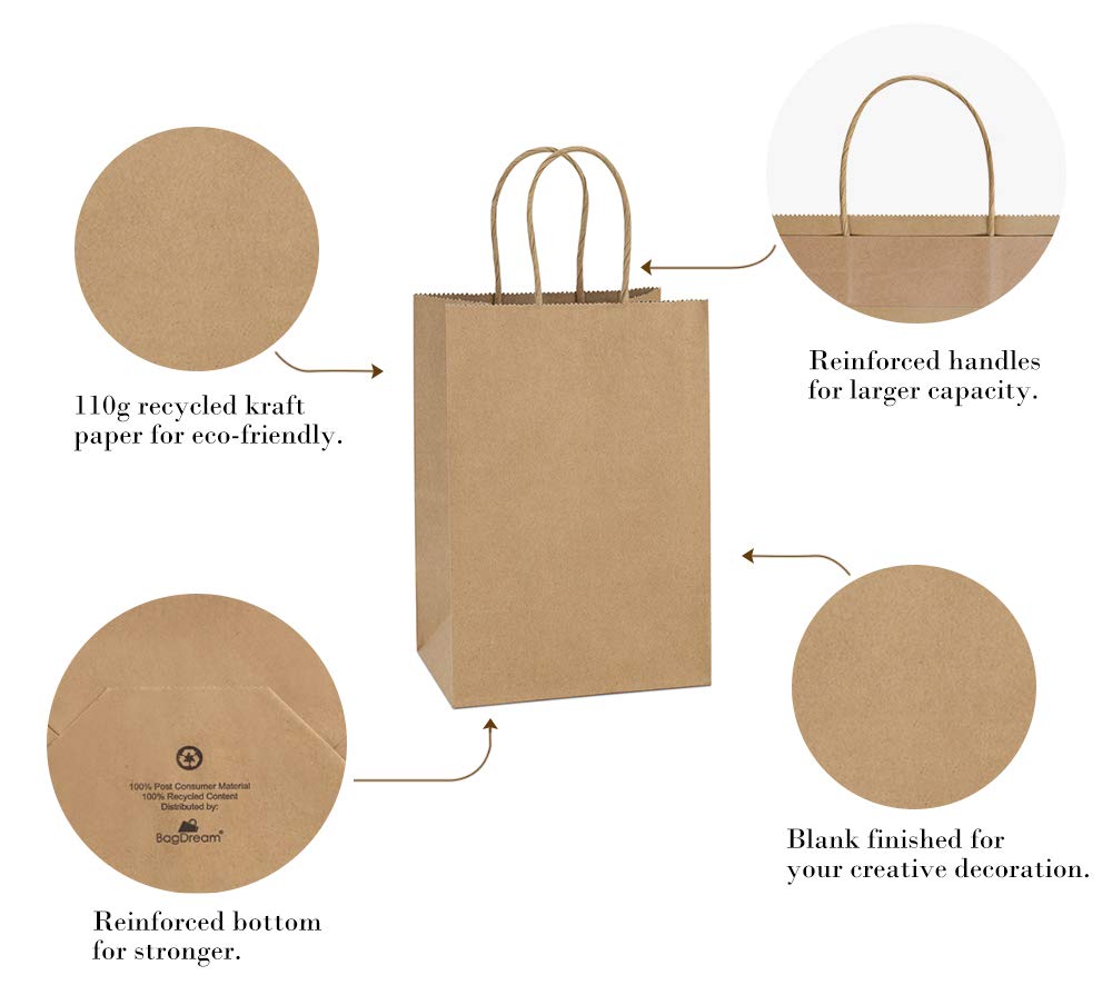 BagDream 100Pcs 5.25x3x8 Inches Gift Bags Small Paper Bags with Handles Bulk Kraft Brown Paper Shopping Wedding Birthday Party Favor Gift Bags For Goody Craft