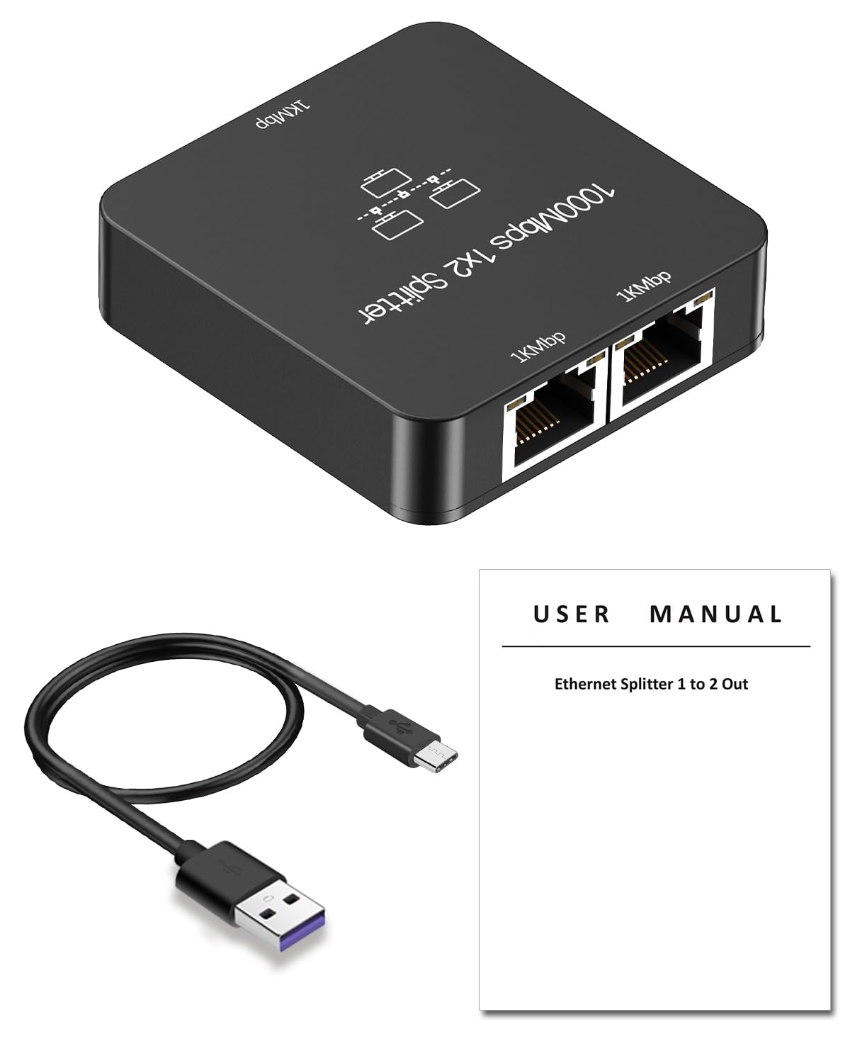Ethernet Splitter 1 to 2 Out, 1000Mbps High Speed, RJ45 Splitter with USB Power Cable, Gigabit Internet Splitter Connector for Cat 5/5e/6/7/8 Cable, Black