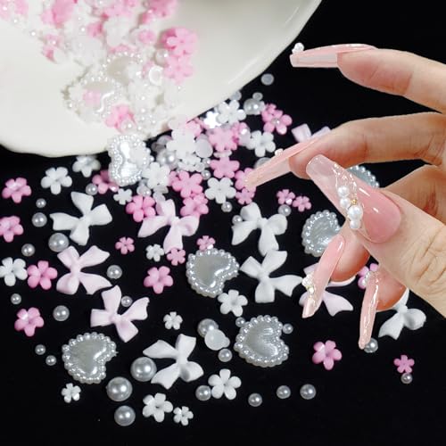 3D Pink Color White Flower Nail Charms Acrylic Bowknots Heart Nail Charms Tiny Flower Heart Pearls Nail Art Charms with Flatback Round Pearls Beads Charms for Nail Art DIY Crafting Decal Accessories