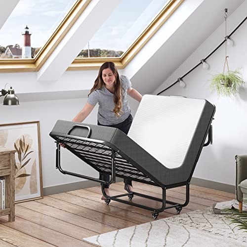 DICTAC Folding Bed with Mattress 75 x 38 Twin Size Bed Frame Portable Foldable Guest Bed for Adults Rollaway Bed with Wheels Fold up Bed for Easy Storage and Move- 5'' Luxurious Memory Foam Mattress