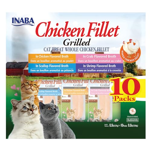 INABA Natural, Premium Hand-Cut Grilled Chicken Fillet Cat Treats/Topper/Complement with Vitamin E and Green Tea Extract, 0.9 Ounces Each, 10 Pack, Variety Pack