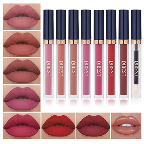 QiBest 7Pcs Matte Liquid Lipstick + 1Pcs Lip Plumper Makeup Set Kit, Pigmented Long Lasting Lip Gloss Set, Velvet Waterproof Lip Makeup Valentine's Day Gift Sets for Girls and Women