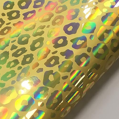 Holographic Embossed Leopard Apricot Yellow Faux Leather Sheets, 12"X53" Iridescent PU Fabric Roll for Crafts Bows Earrings Handbag Sewing Decoration