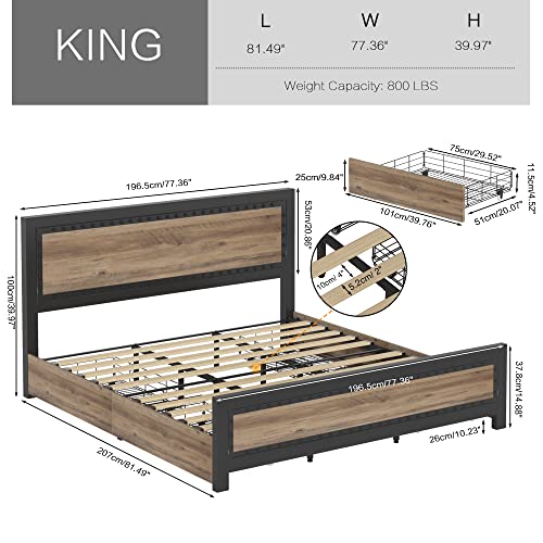 Keyluv King Bed Frame with 4 Storage Drawers, Rivet Modern Headboard and Footboard Platform Bed with Solid Wood Slats Support, No Box Spring Needed, Metal Frame Mattress Foundation Noise-Free