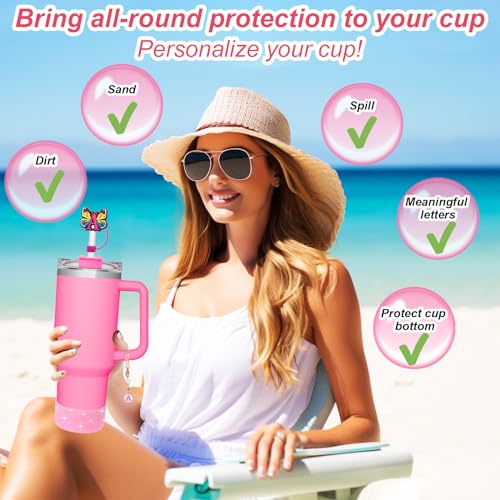 AIERSA Cup Accessories Set for Stanley 40oz Cups, 2Pcs Pink Straw Cover Caps for 10 mm Straws, 4Pcs Silicone Spill Stopper, 1pcs Letter Charms and 1Pcs Glitter Silicone Boot for Stanley 40oz Tumbler